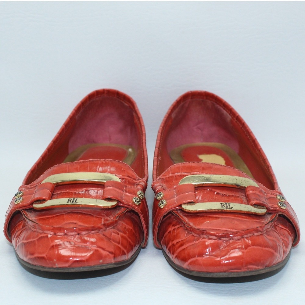Lauren Ralph Lauren Catrina‎ Red Croc Embossed Leather Loafers Gold Buckle 7.5M